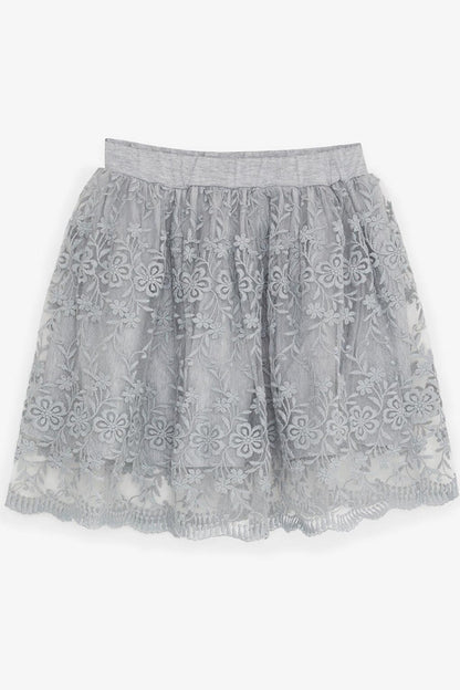 Girl's Skirt Floral Embroidered Tulle with Elastic Waist Gray (5-10 Years)