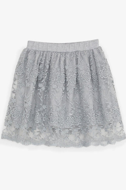 Girl's Skirt Floral Embroidered Tulle with Elastic Waist Gray (5-10 Years)