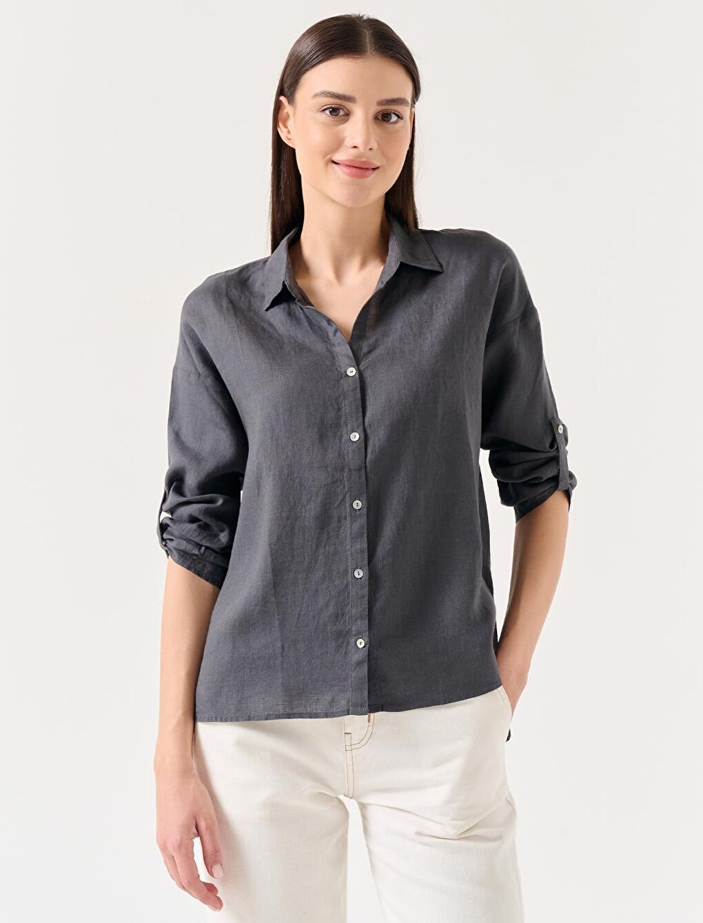 Anthracite Straight Cut Shirt Collar Long Sleeve Basic Linen Shirt