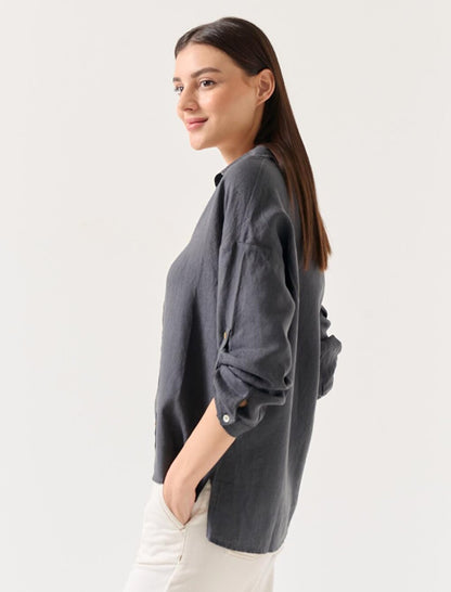 Anthracite Straight Cut Shirt Collar Long Sleeve Basic Linen Shirt