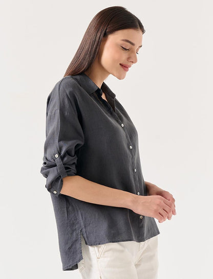 Anthracite Straight Cut Shirt Collar Long Sleeve Basic Linen Shirt