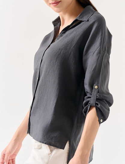 Anthracite Straight Cut Shirt Collar Long Sleeve Basic Linen Shirt