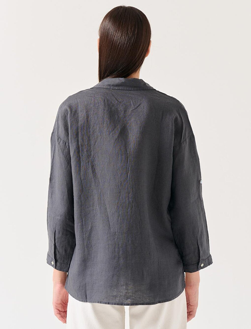 Anthracite Straight Cut Shirt Collar Long Sleeve Basic Linen Shirt