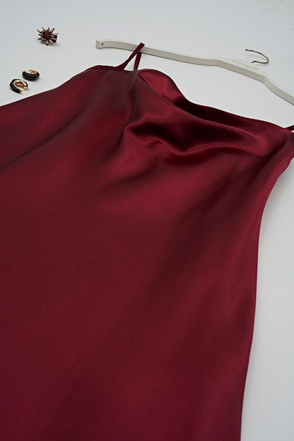 Plunging Collar Claret Red Satin Nightgown