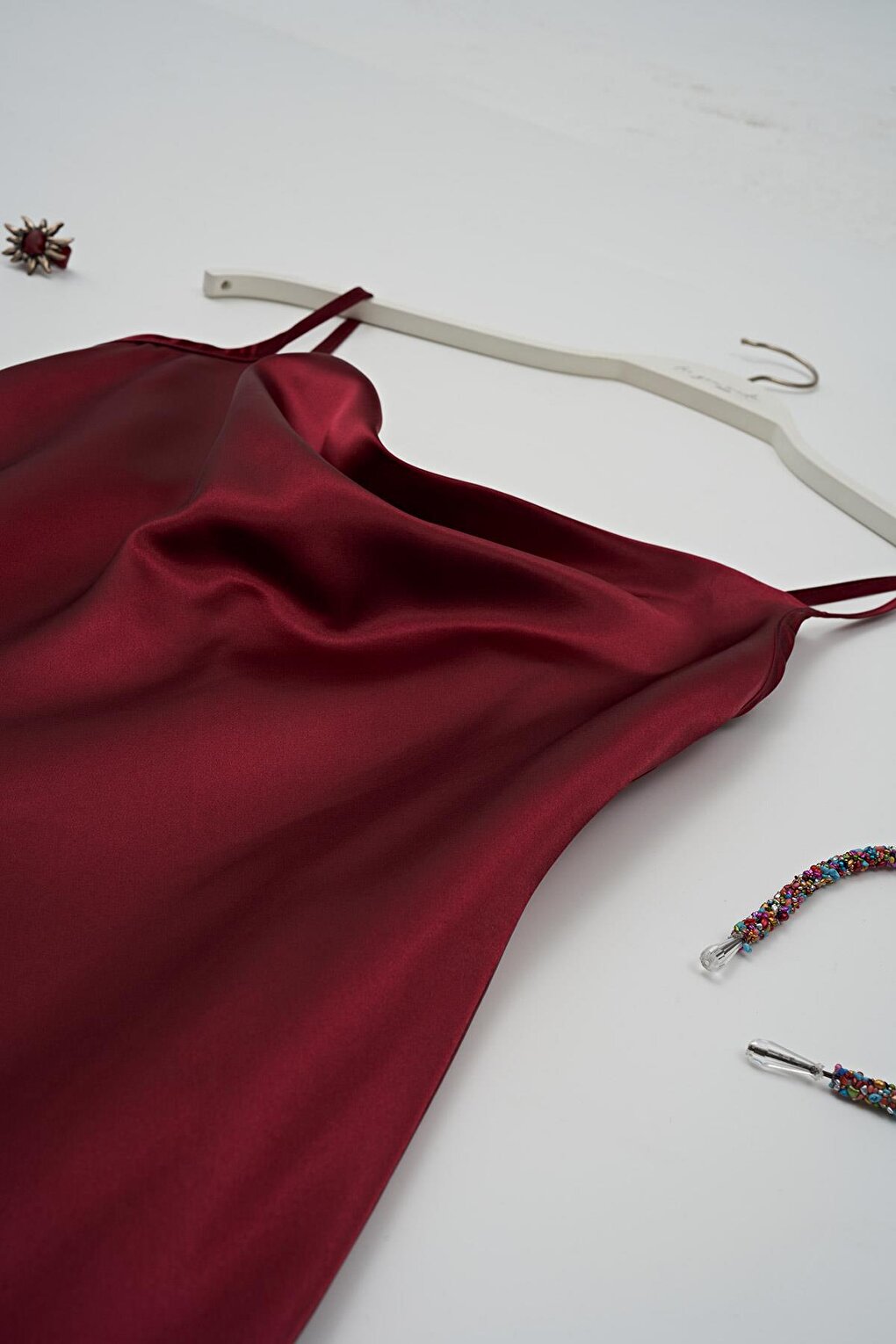 Plunging Collar Claret Red Satin Nightgown