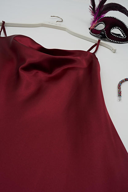 Plunging Collar Claret Red Satin Nightgown