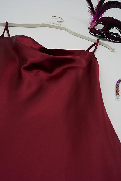 Plunging Collar Claret Red Satin Nightgown