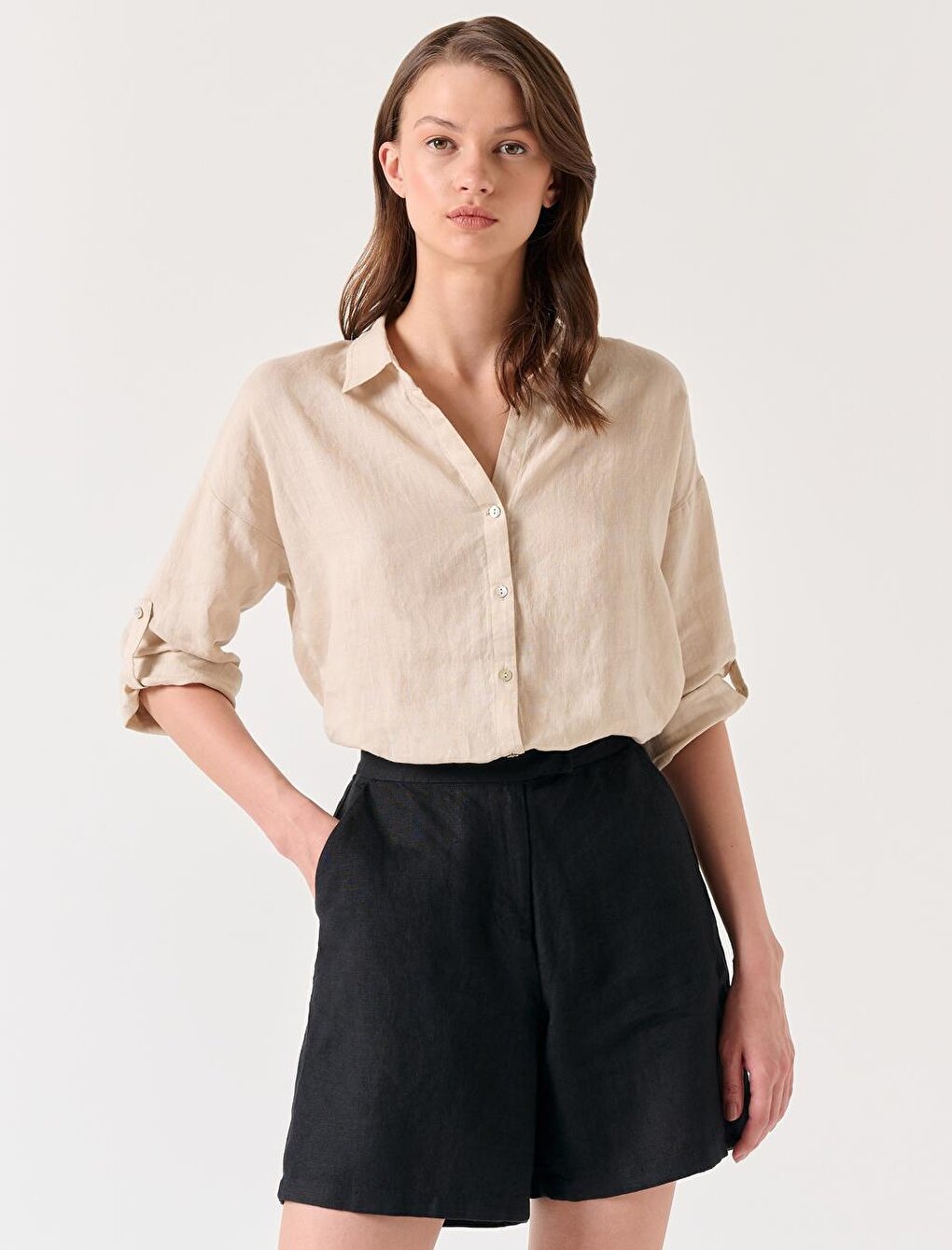 Stone Straight Cut Shirt Collar Long Sleeve Basic Linen Shirt