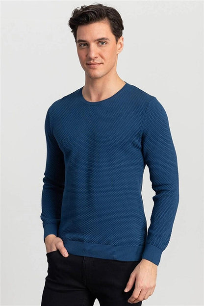 Slim Fit Crew Neck Honeycomb Patterned Men's Indigo Sweater