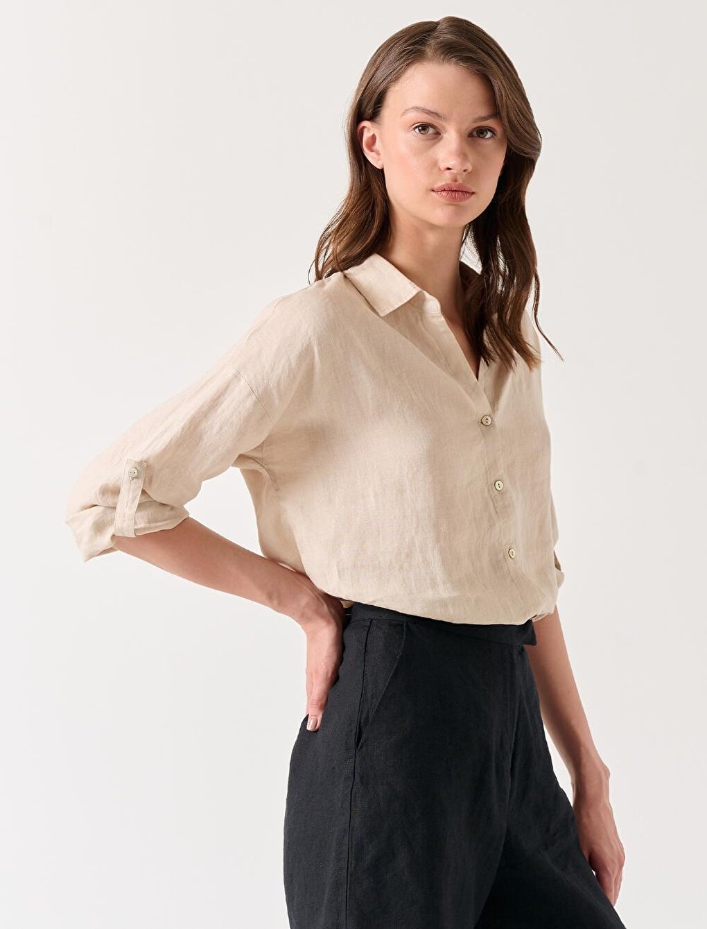 Stone Straight Cut Shirt Collar Long Sleeve Basic Linen Shirt