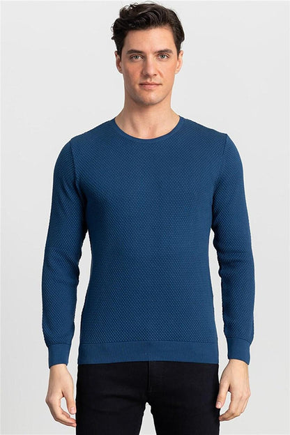 Slim Fit Crew Neck Honeycomb Patterned Men's Indigo Sweater