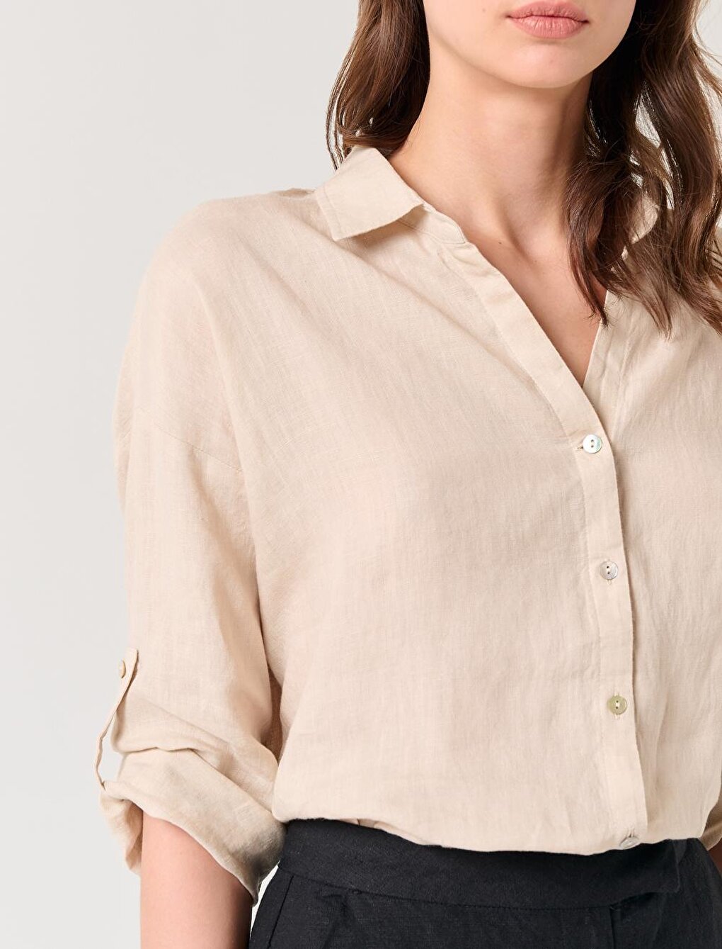 Stone Straight Cut Shirt Collar Long Sleeve Basic Linen Shirt