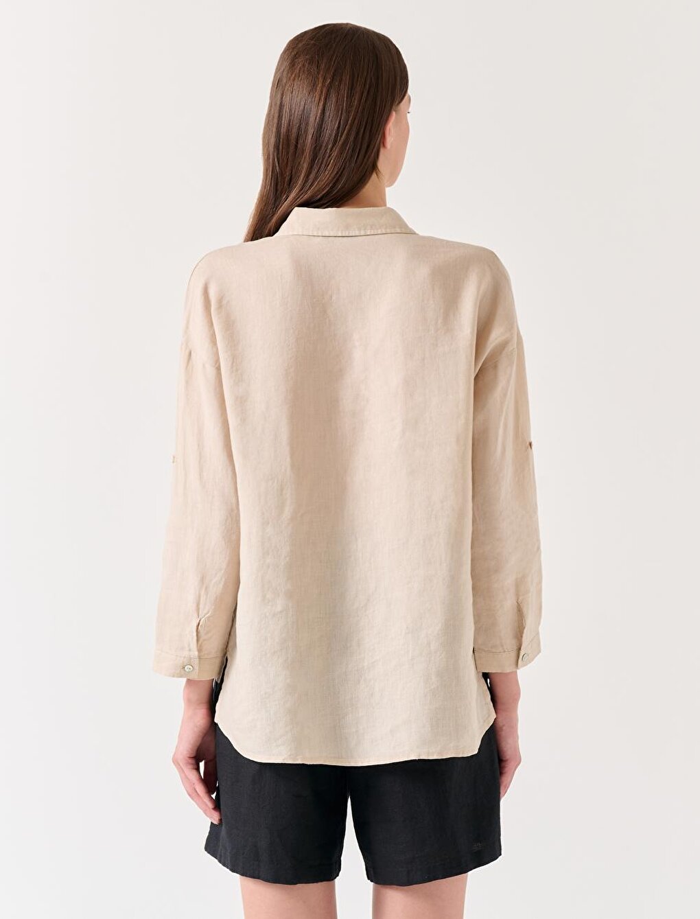 Stone Straight Cut Shirt Collar Long Sleeve Basic Linen Shirt