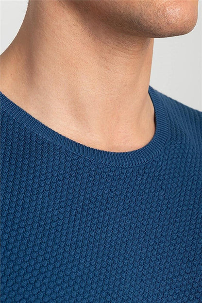 Slim Fit Crew Neck Honeycomb Patterned Men's Indigo Sweater