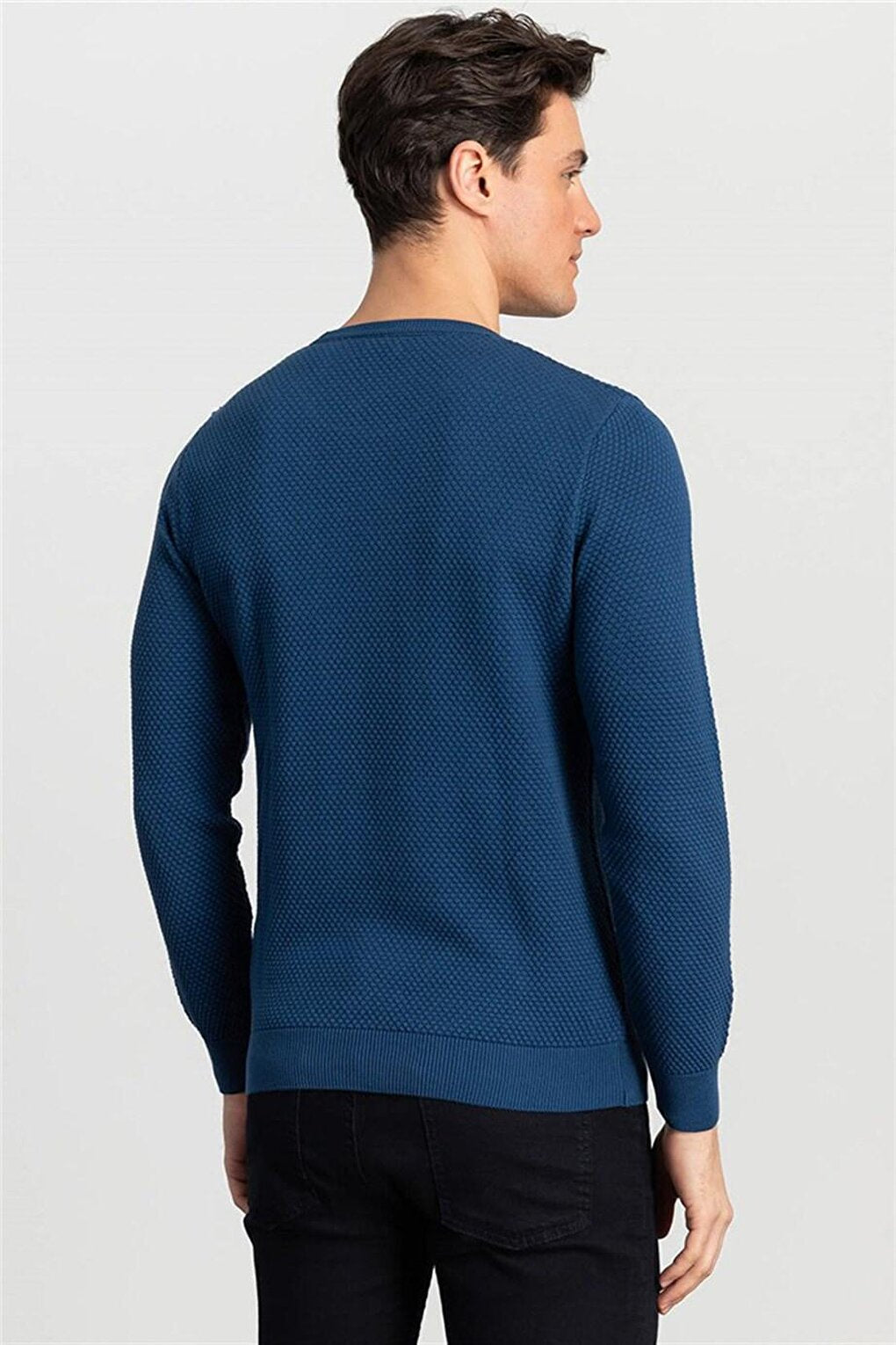 Slim Fit Crew Neck Honeycomb Patterned Men's Indigo Sweater