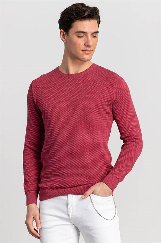 Slim Fit Crew Neck Honeycomb Patterned Men's Claret Red Sweater