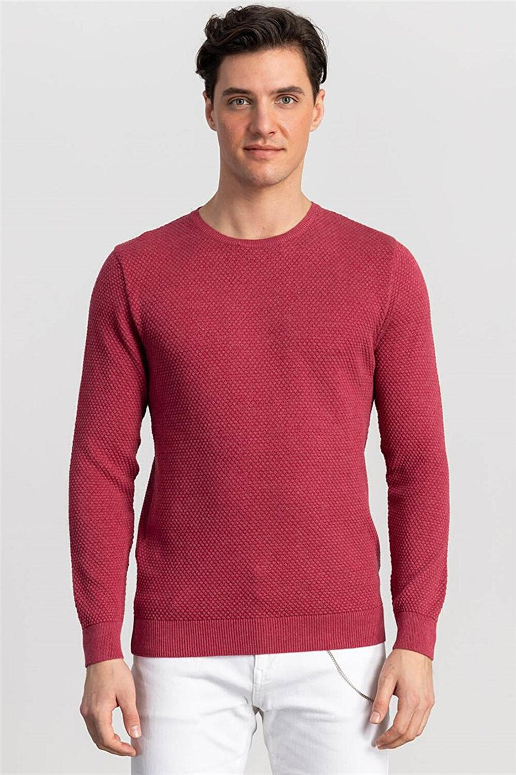 Slim Fit Crew Neck Honeycomb Patterned Men's Claret Red Sweater