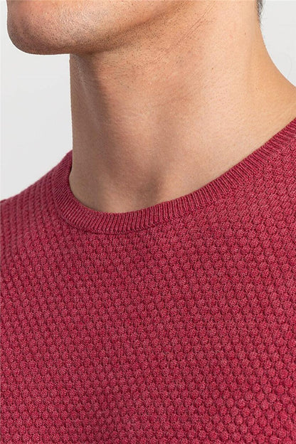 Slim Fit Crew Neck Honeycomb Patterned Men's Claret Red Sweater