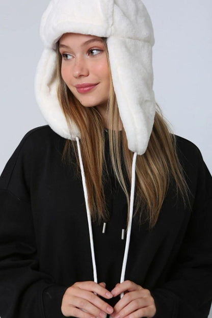 Soft Textured Eared Pompom Plush Women's Hat Ecru