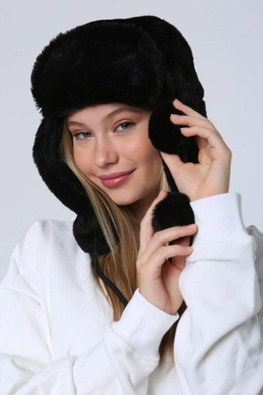 Soft Textured Eared Pompom Plush Women's Hat Black