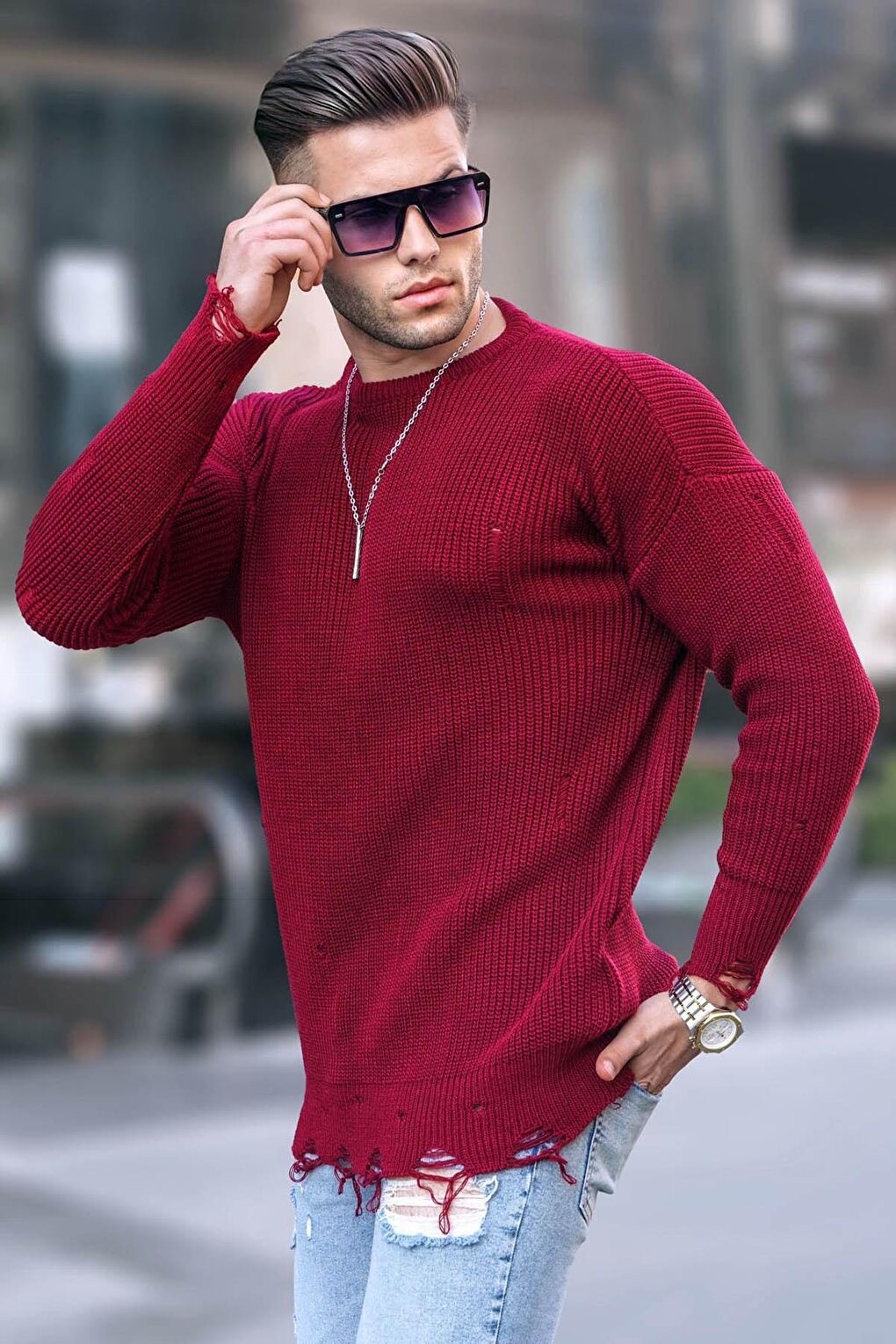 Claret Red Ripped Detailed Crew Neck Knitwear Sweater 5998