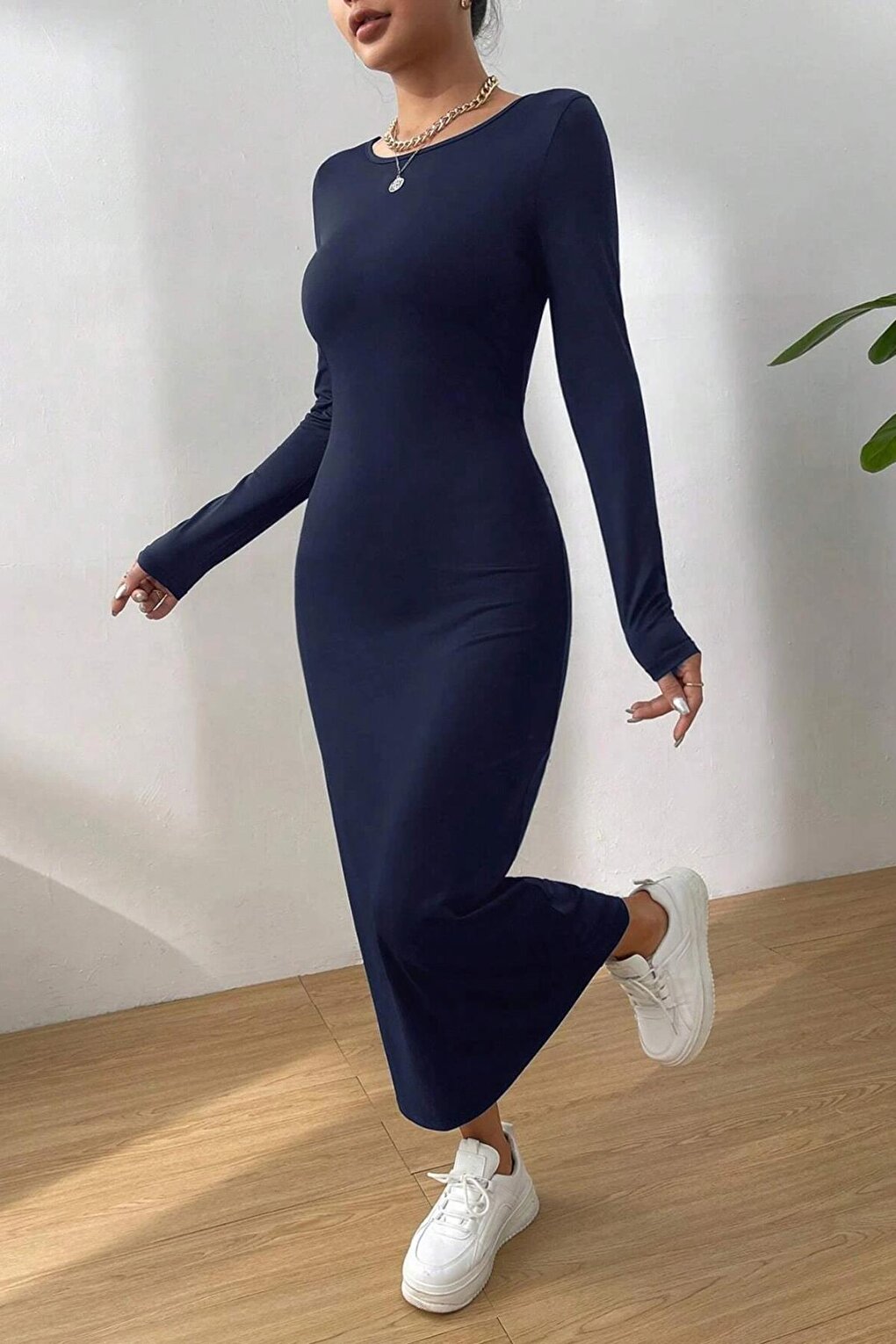 Navy Blue Basic Half Fisherman Long Sleeve Dress