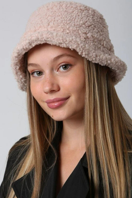 Curly Textured Plush Bucket Women's Hat Beige