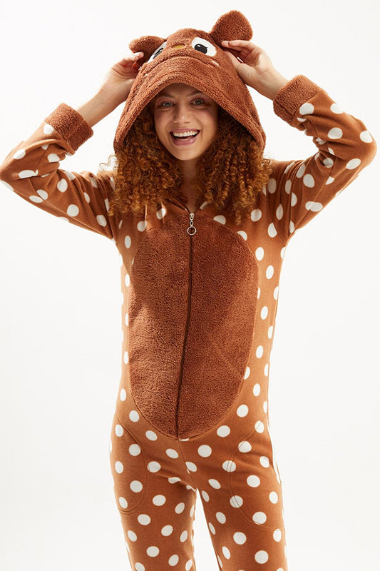 Women's Brown Teddy Bear Large Polka Dot Back Zipper Fleece Jumpsuit