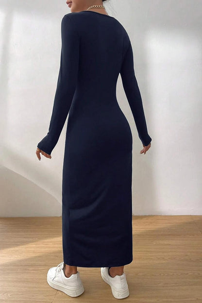 Navy Blue Basic Half Fisherman Long Sleeve Dress