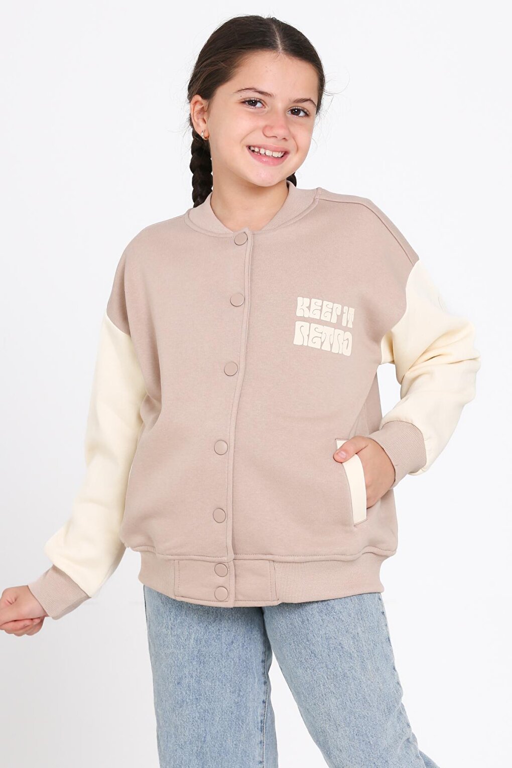 Girl's Beige Keer It Retro Print College Jacket