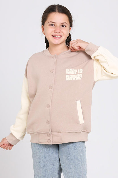 Girl's Beige Keer It Retro Print College Jacket