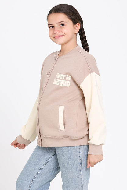 Girl's Beige Keer It Retro Print College Jacket