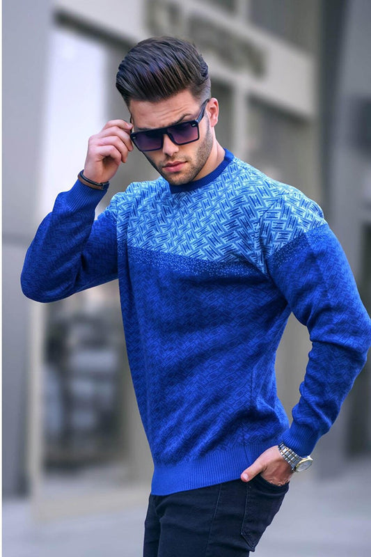 Indigo Patterned Men's Knitted Sweater 5977