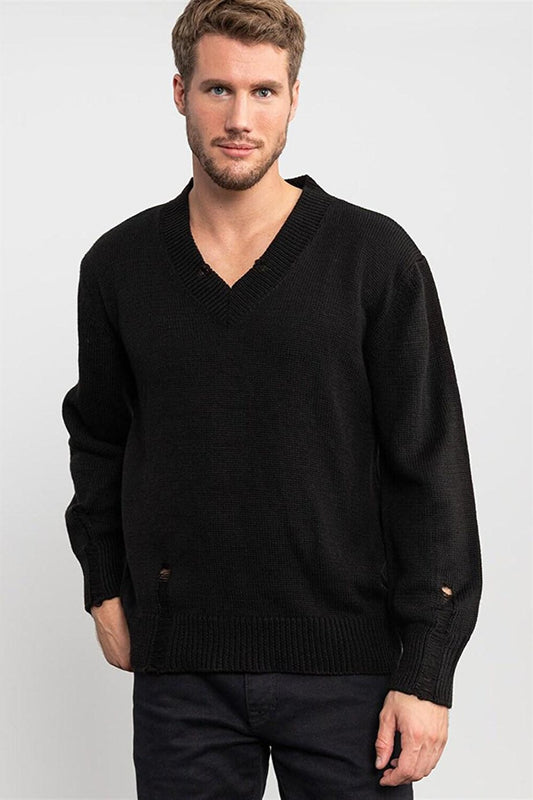 Oversize Wide V-Neck Plain Black Men's Sweater