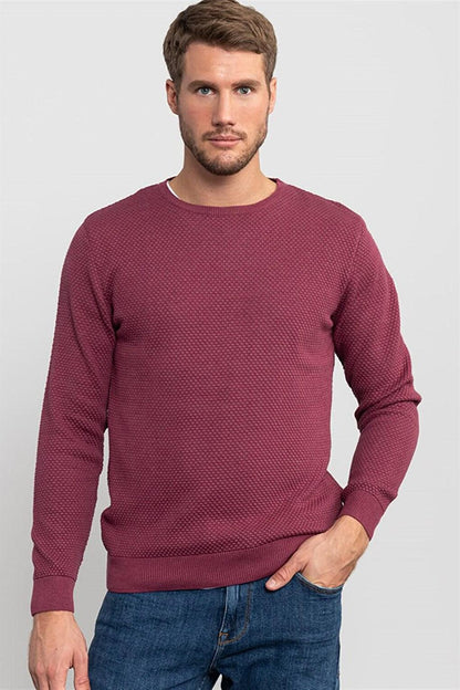 Slim Fit Crew Neck Honeycomb Patterned Men's Claret Red Sweater