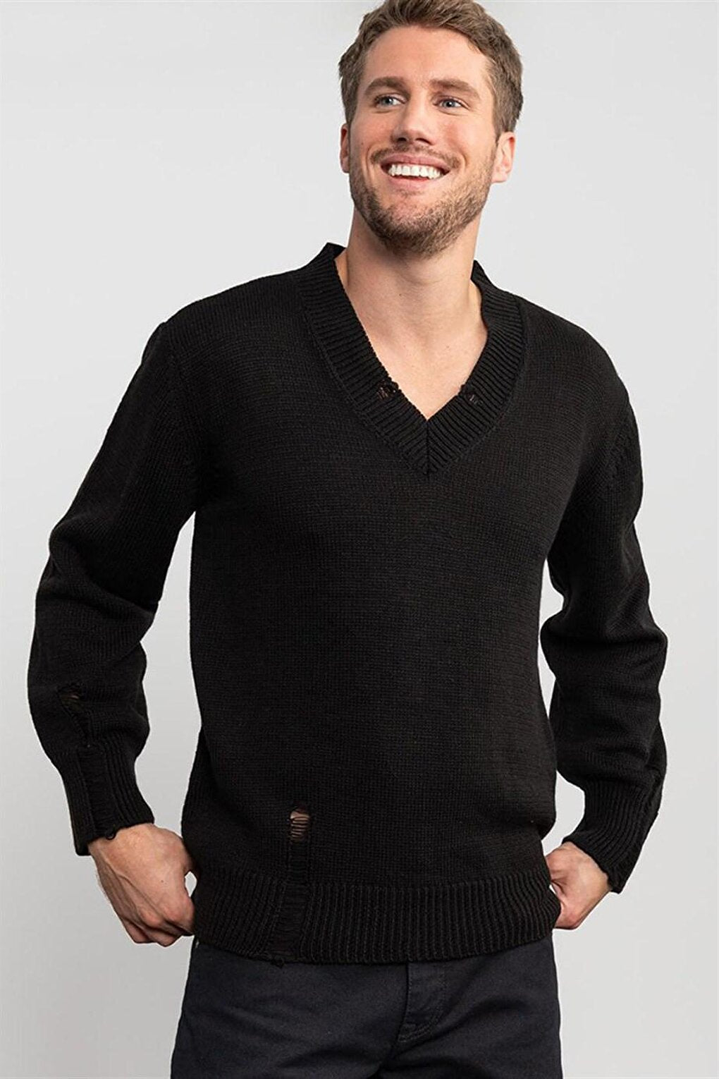 Oversize Wide V-Neck Plain Black Men's Sweater