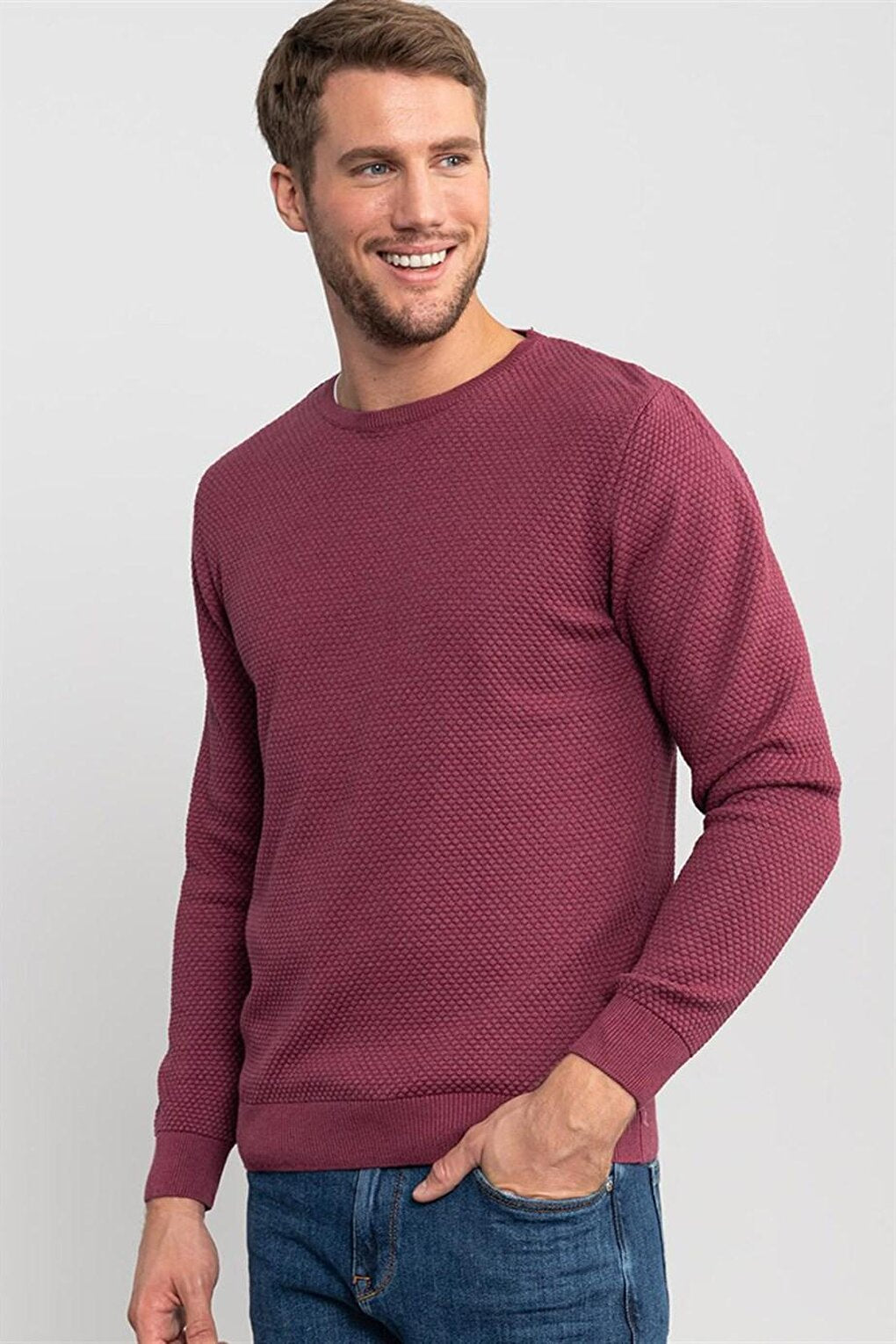 Slim Fit Crew Neck Honeycomb Patterned Men's Claret Red Sweater