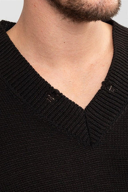 Oversize Wide V-Neck Plain Black Men's Sweater