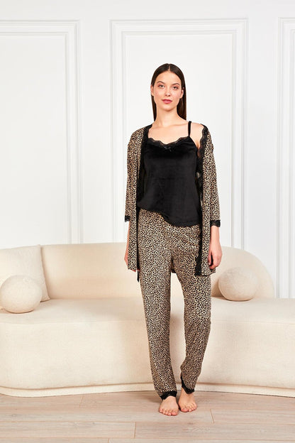 Leopard Soft Velvet Three Quarter Sleeve Rope Suspended Trousers 3-Piece Pajama Set