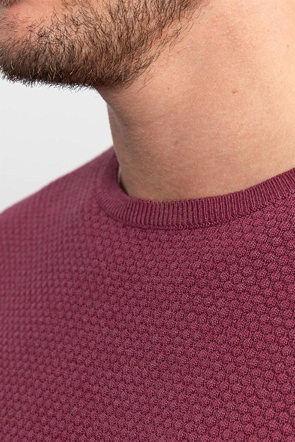 Slim Fit Crew Neck Honeycomb Patterned Men's Claret Red Sweater