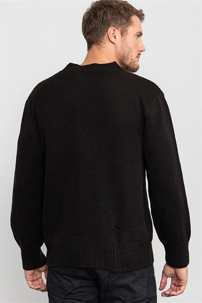 Oversize Wide V-Neck Plain Black Men's Sweater