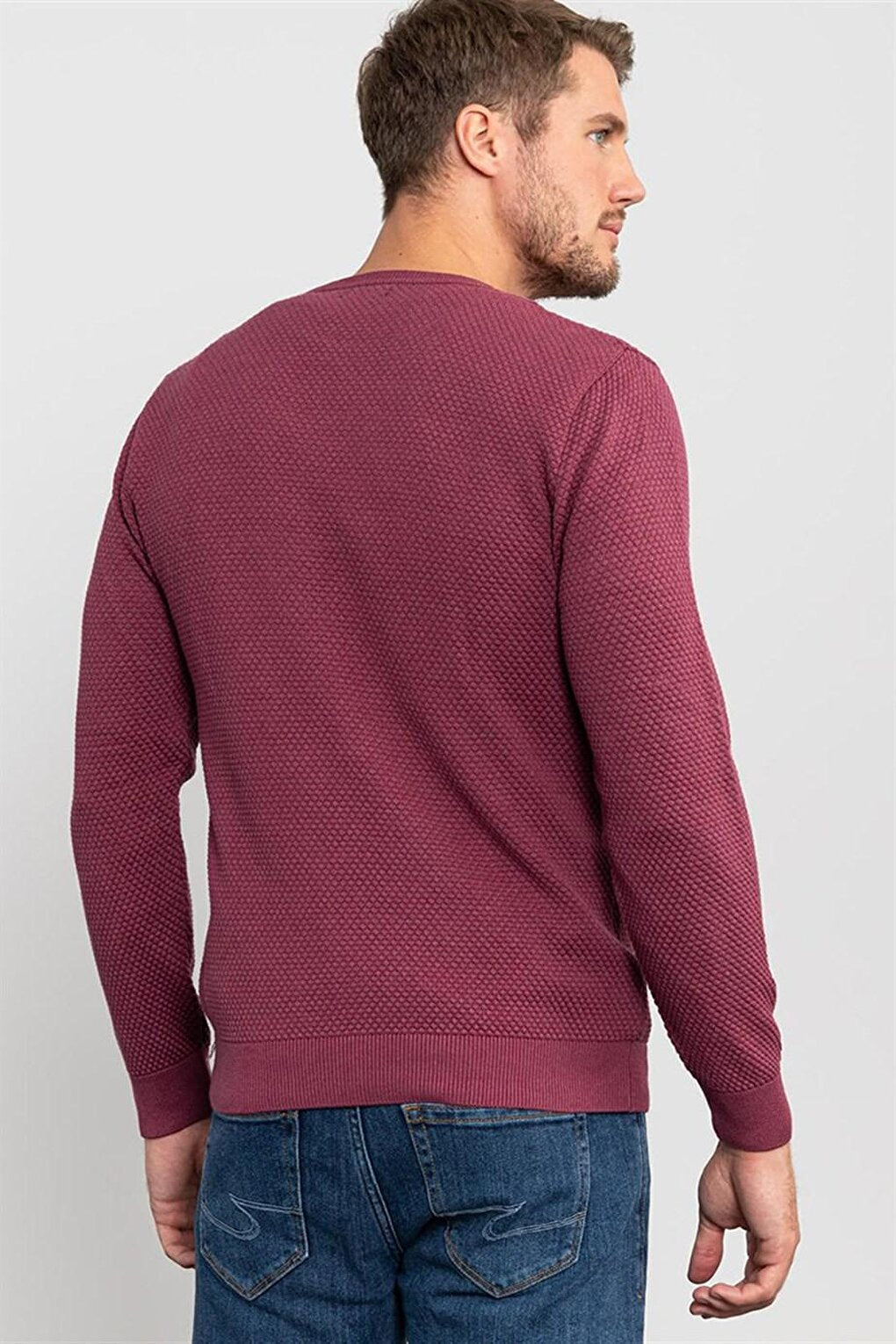 Slim Fit Crew Neck Honeycomb Patterned Men's Claret Red Sweater