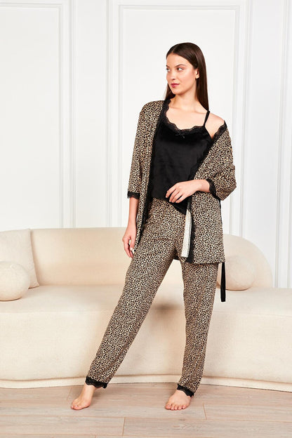 Leopard Soft Velvet Three Quarter Sleeve Rope Suspended Trousers 3-Piece Pajama Set