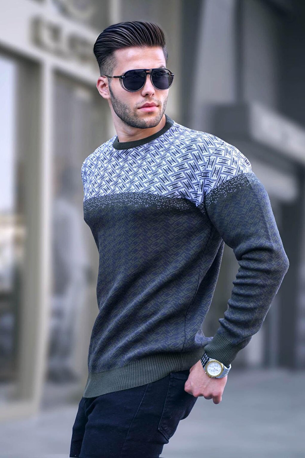 Khaki Patterned Men's Knitted Sweater 5977