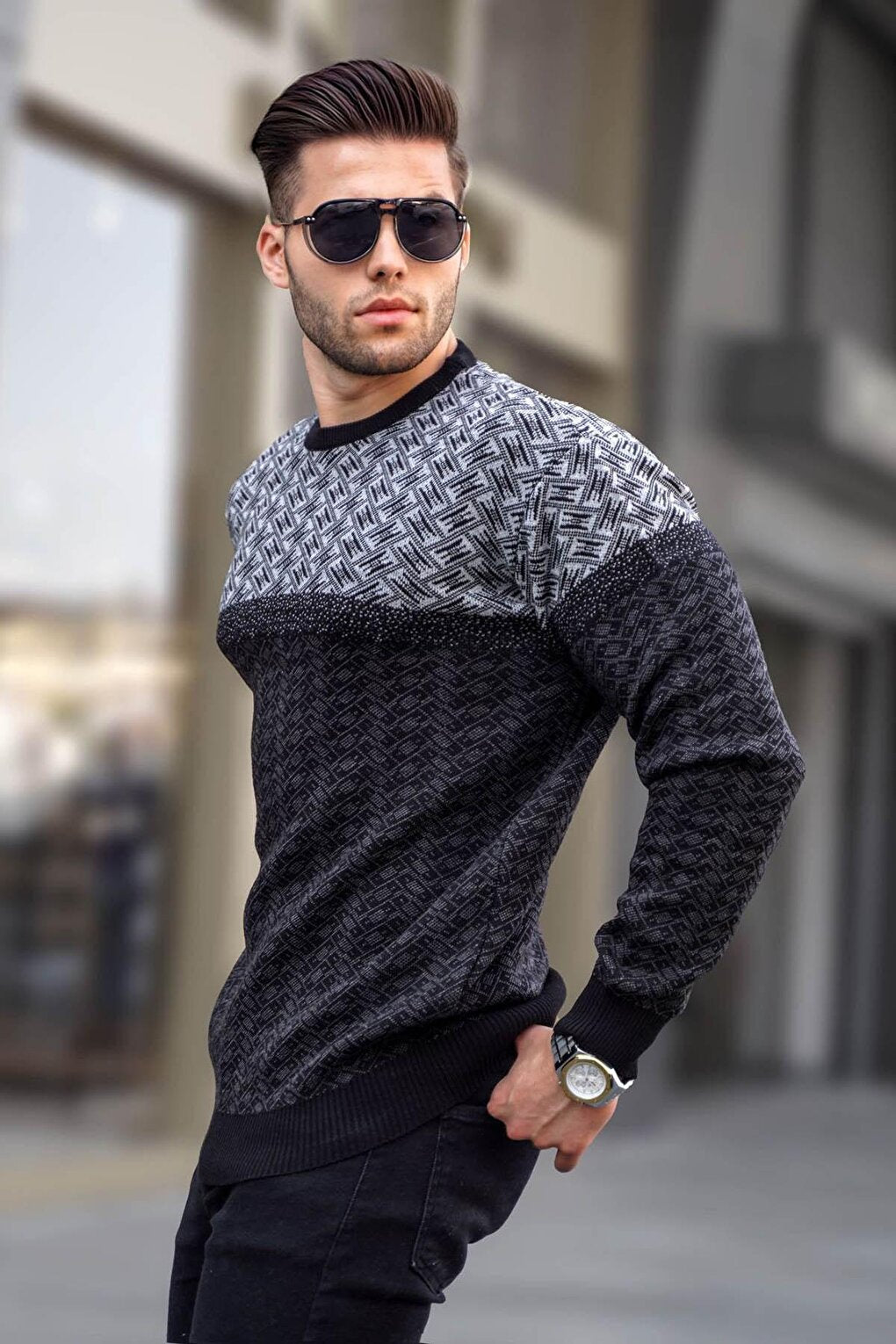 Black Patterned Men's Knitted Sweater 5977