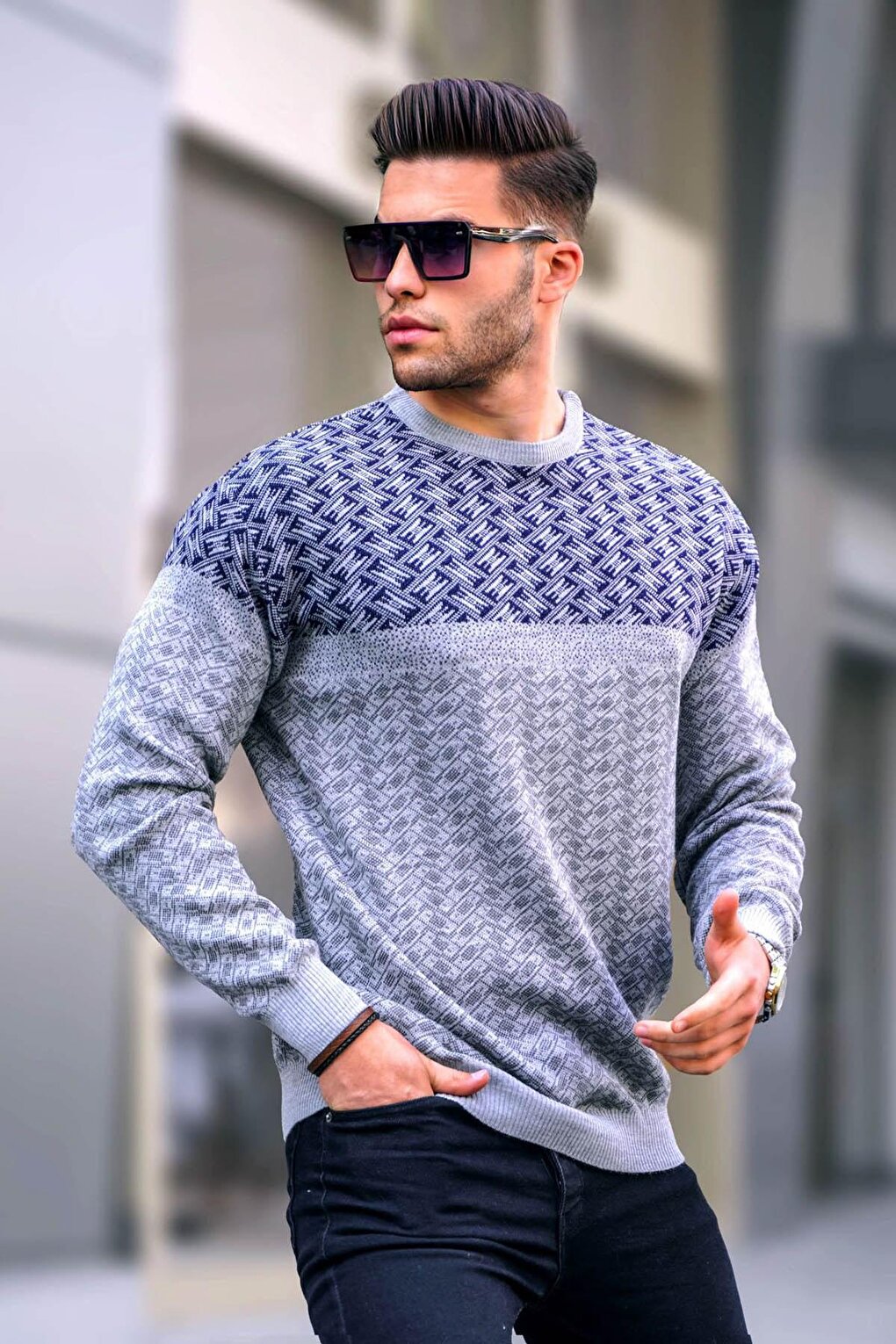 Gray Patterned Men's Knitted Sweater 5977