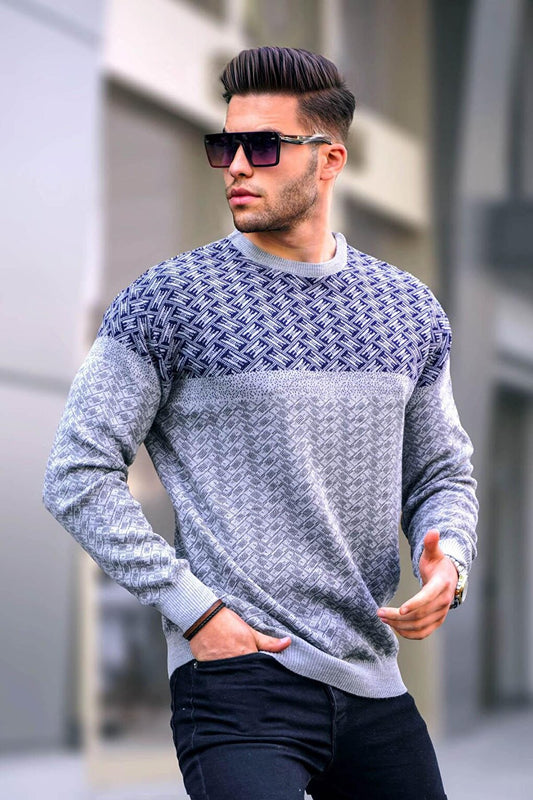 Gray Patterned Men's Knitted Sweater 5977