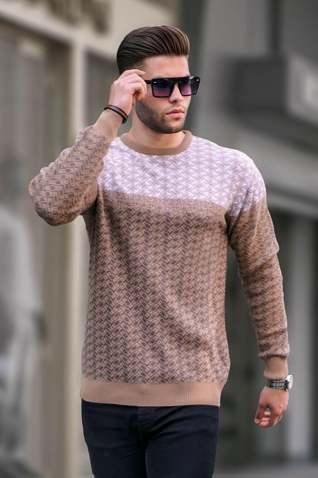 Beige Patterned Men's Knitted Sweater 5977