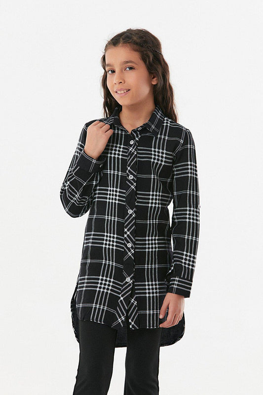 Plaid Patterned Fold Sleeve Girl's Shirt