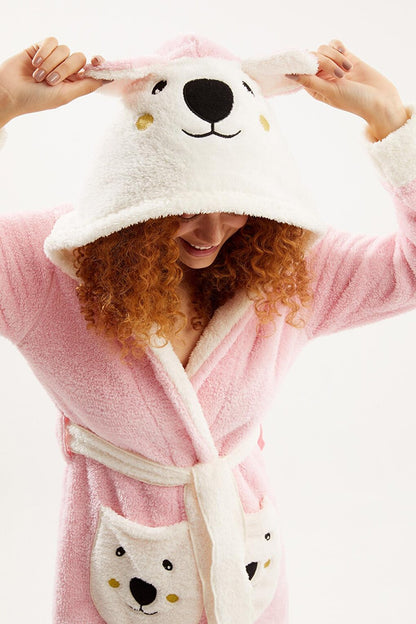 Women's Pink and White Garnished Teddy Bear Embroidered Hooded Short Dressing Gown